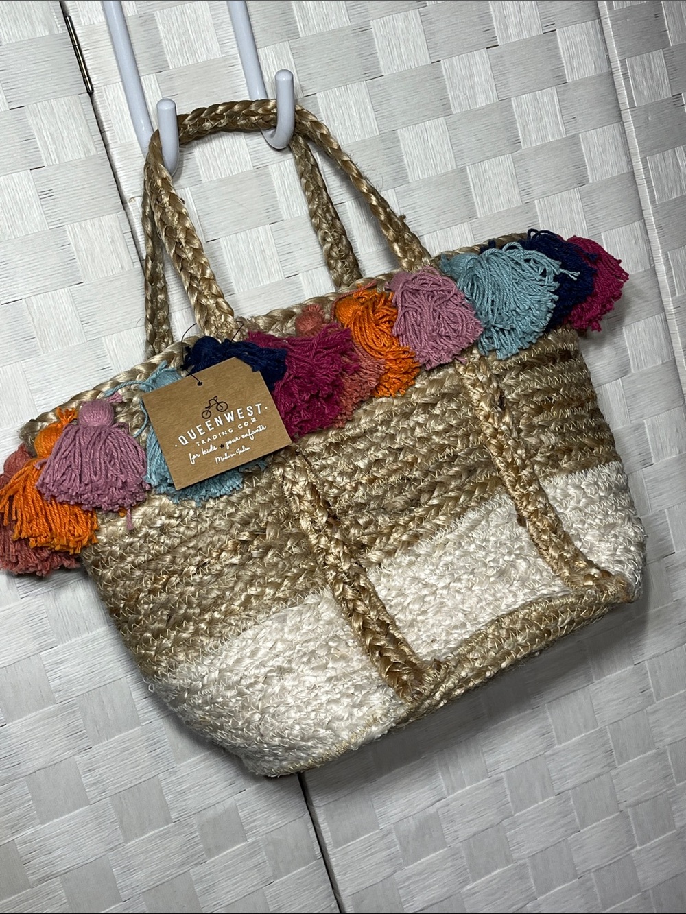 Handmade Natural Straw Tote with Colorful Tassels Boho Bag Made in India